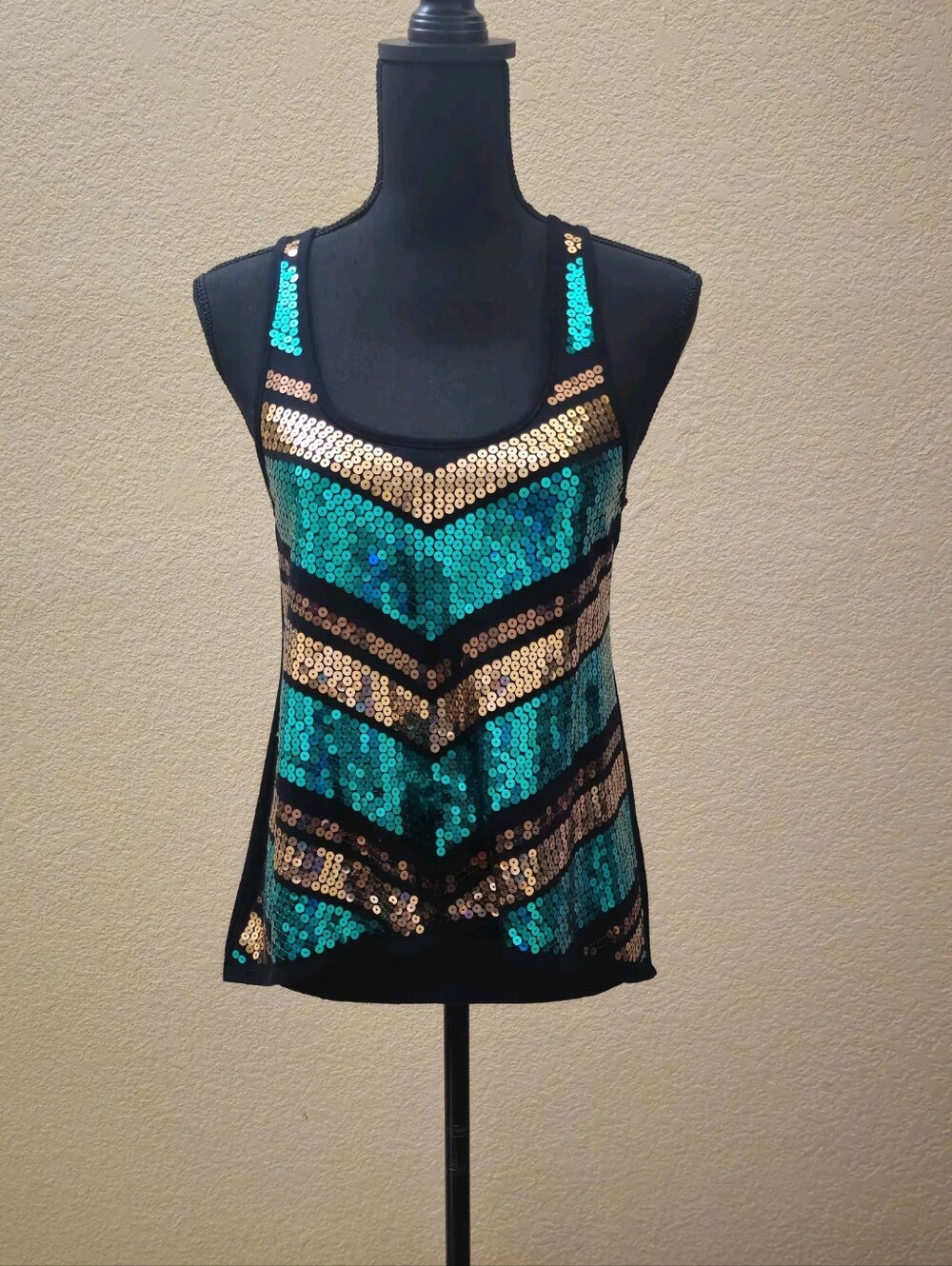BONGO Teal & Gold Sequin Chevron Tank